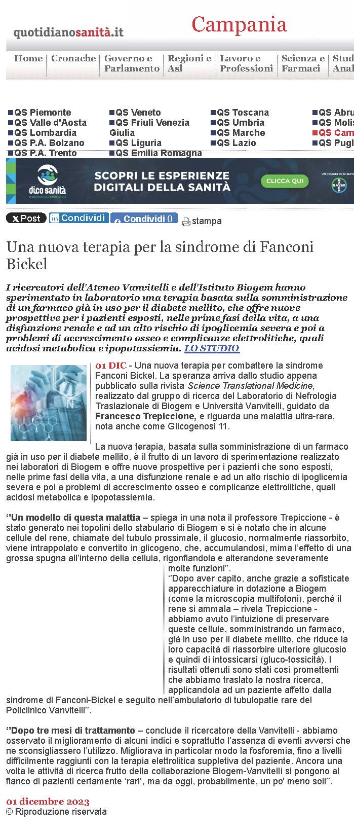 Una nuova terapia per la sindrome di Fanconi Bickel 